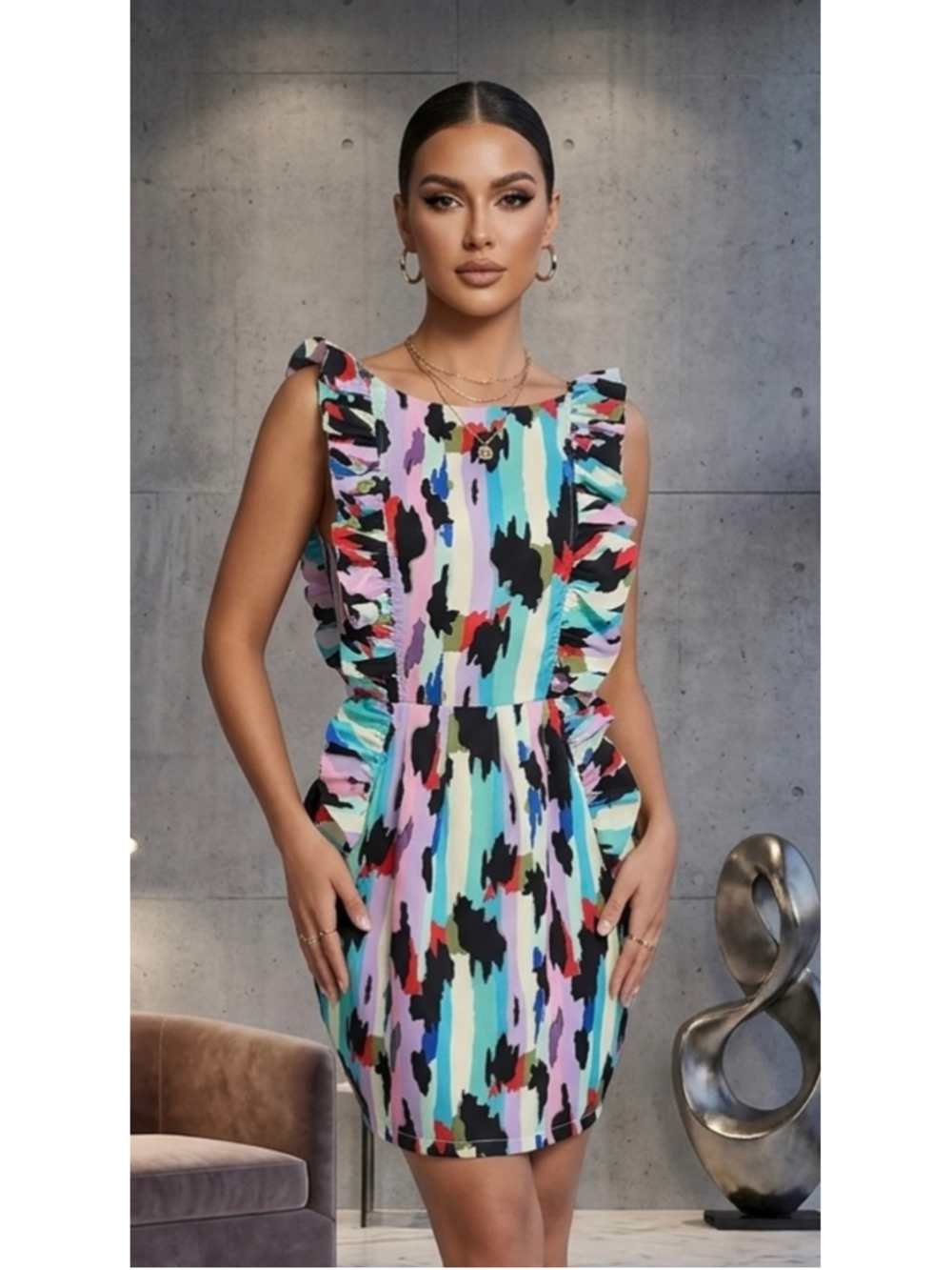 Karlie Ruffle Open Back Abstract Print Mini Dress with Pockets - Size M